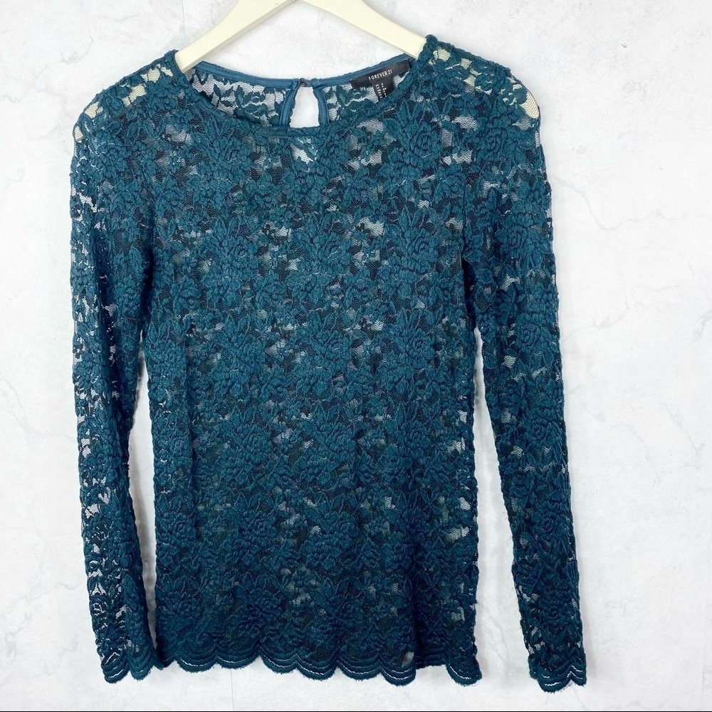 [F21] Green Lace Floral Embroidery Top